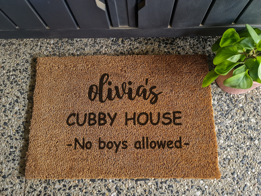 CUBBY HOUSE KIDS NO BOYS ALLOWED PERSONALISED DOOR MAT