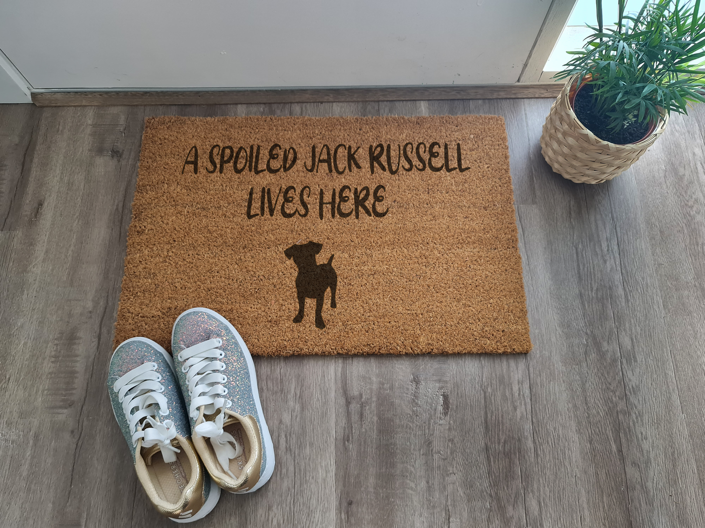 A SPOILED JACK RUSSELL LIVES HERE CUSTOM DOOR MAT