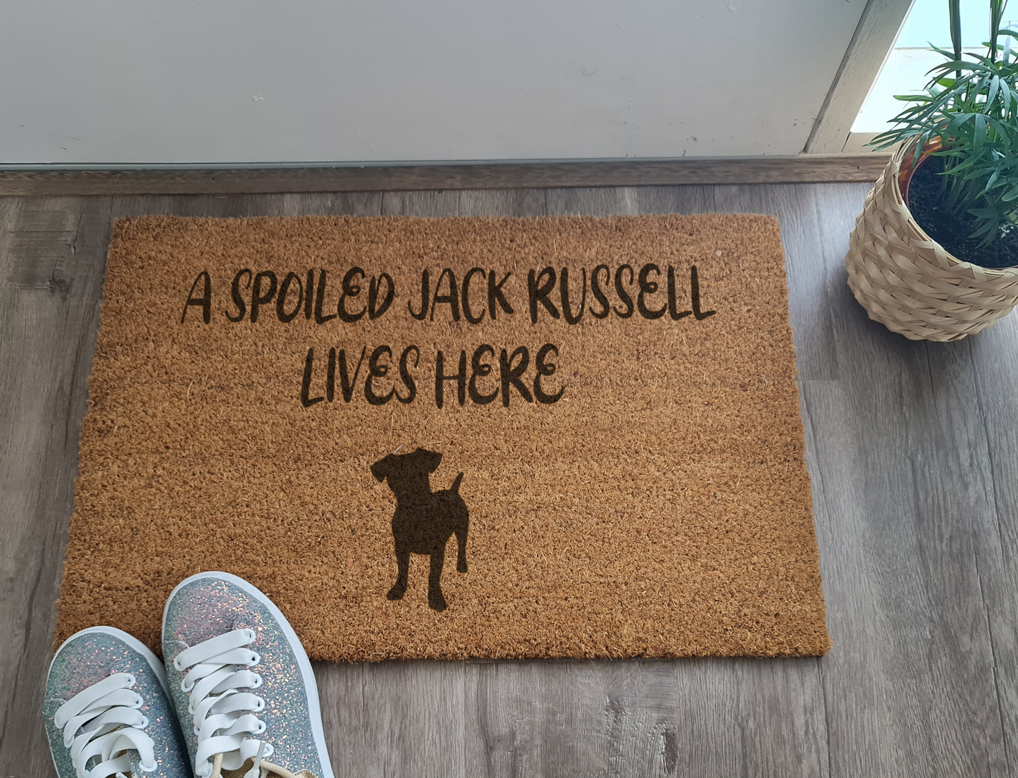 A SPOILED JACK RUSSELL LIVES HERE CUSTOM DOOR MAT