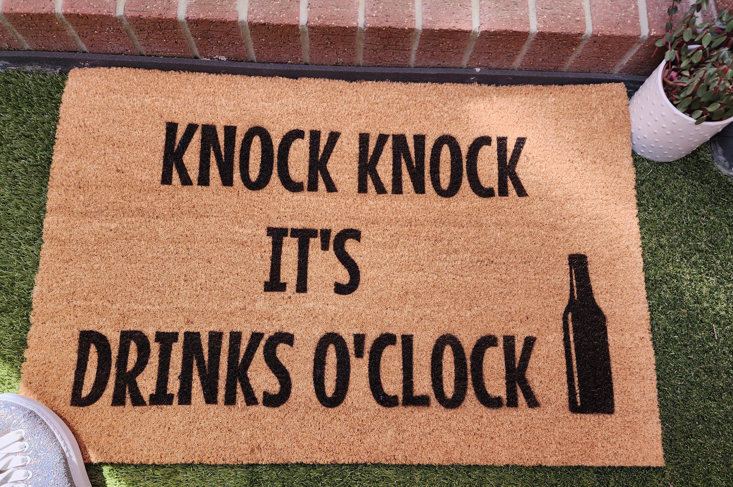 KNOCK KNOCK IT'S DRINKS O'CLOCK CUSTOM DOORMAT