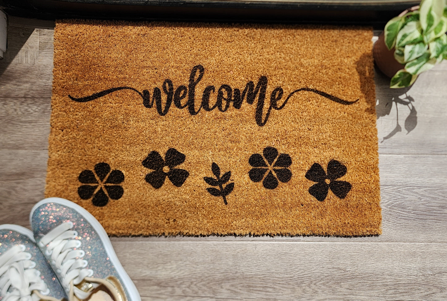 WELCOME CUSTOM DOORMAT WITH FLOWERS