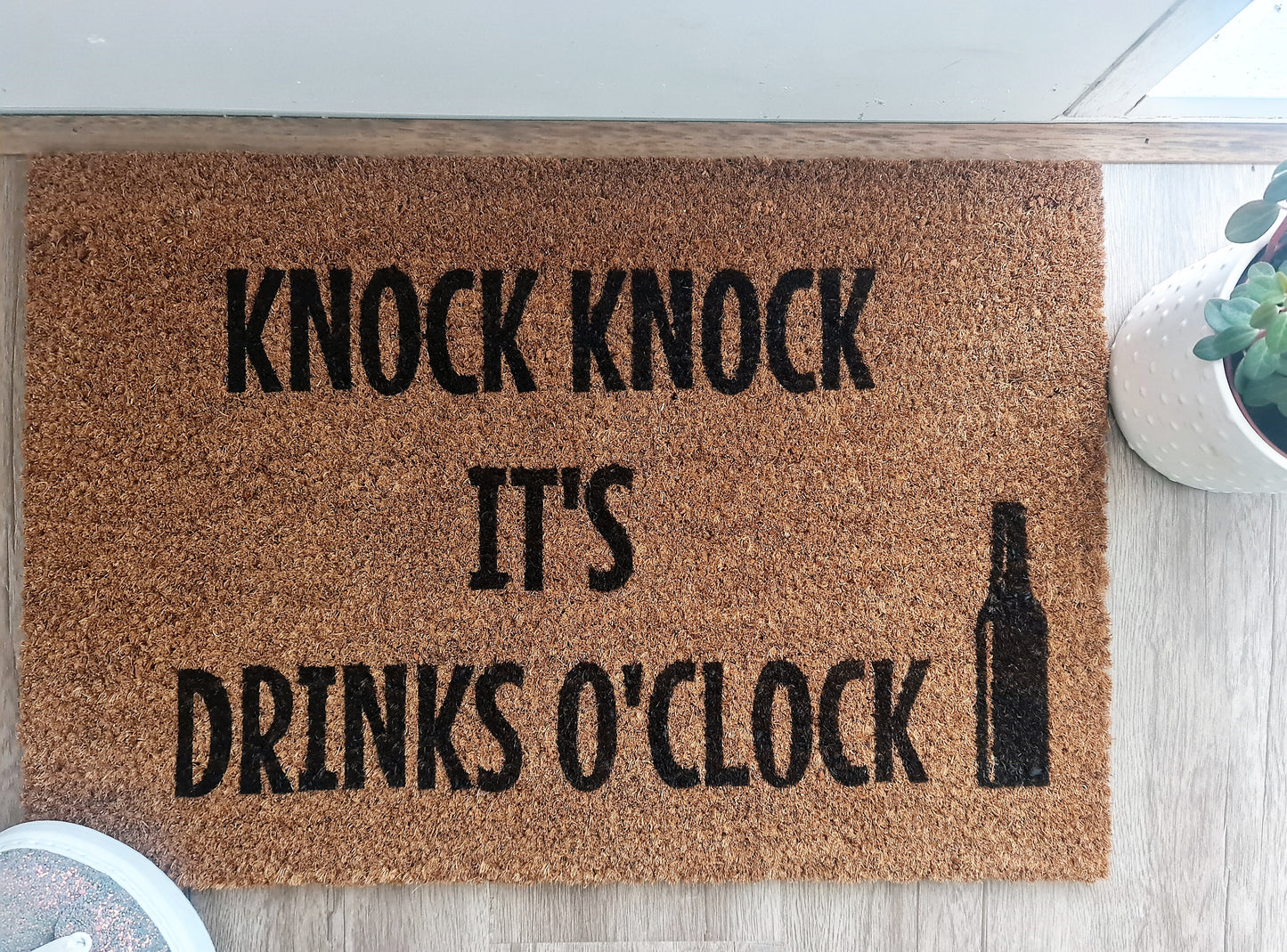 KNOCK KNOCK IT'S DRINKS O'CLOCK CUSTOM DOORMAT