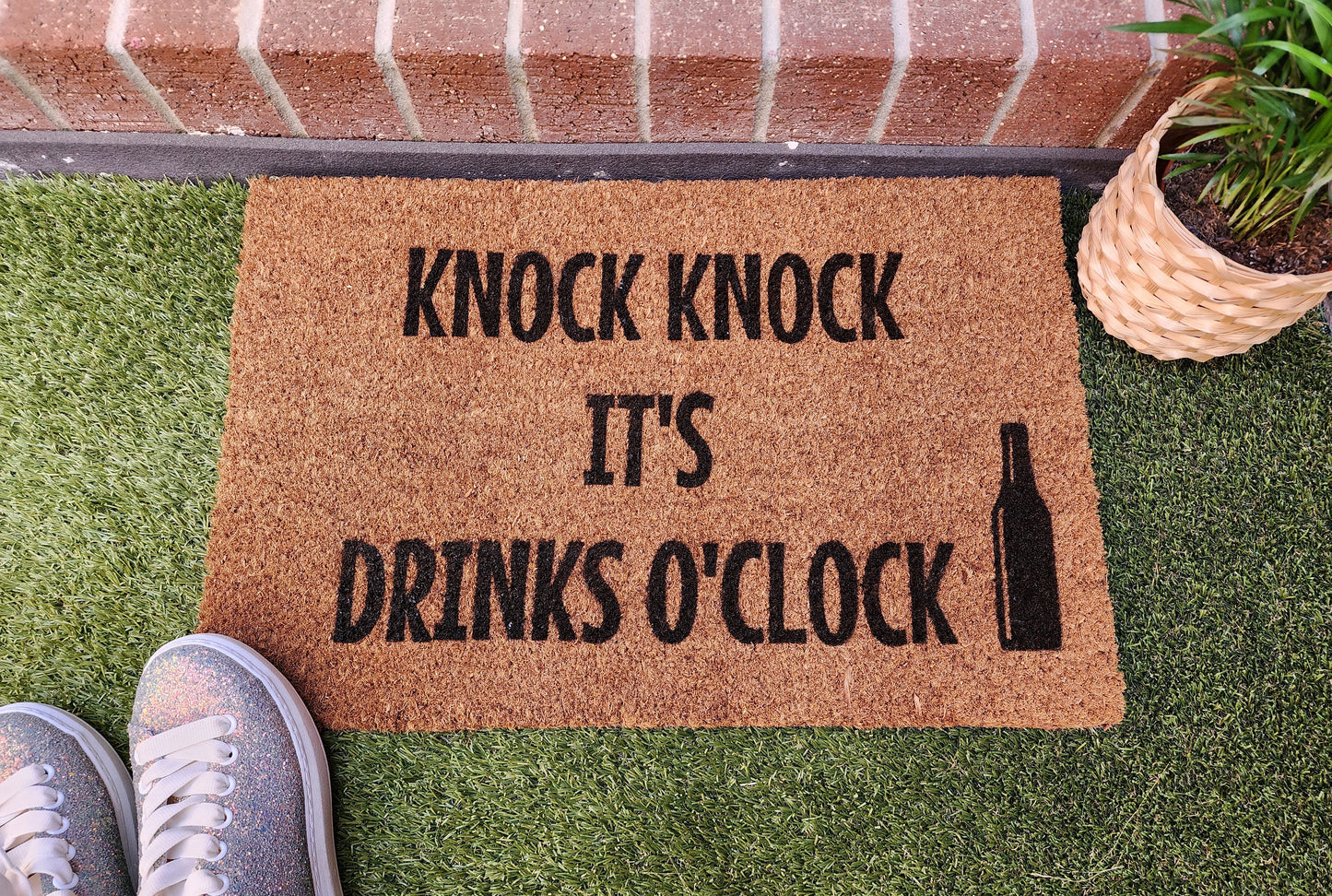 KNOCK KNOCK IT'S DRINKS O'CLOCK CUSTOM DOORMAT