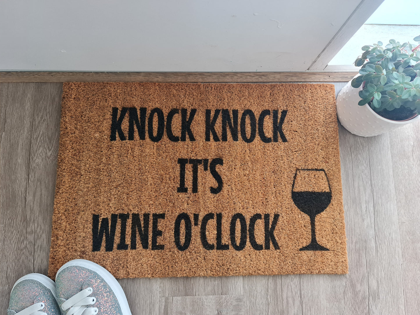 KNOCK KNOCK IT'S WINE O'CLOCK CUSTOM DOORMAT