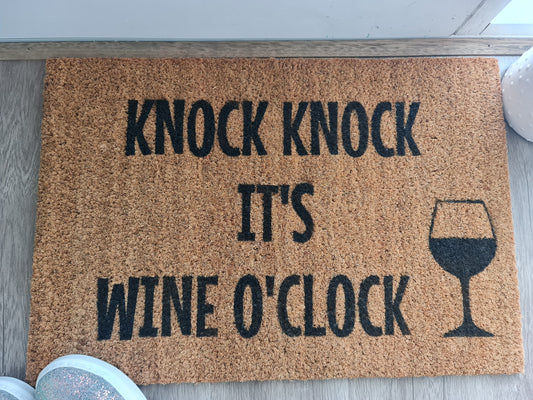 KNOCK KNOCK IT'S WINE O'CLOCK CUSTOM DOORMAT