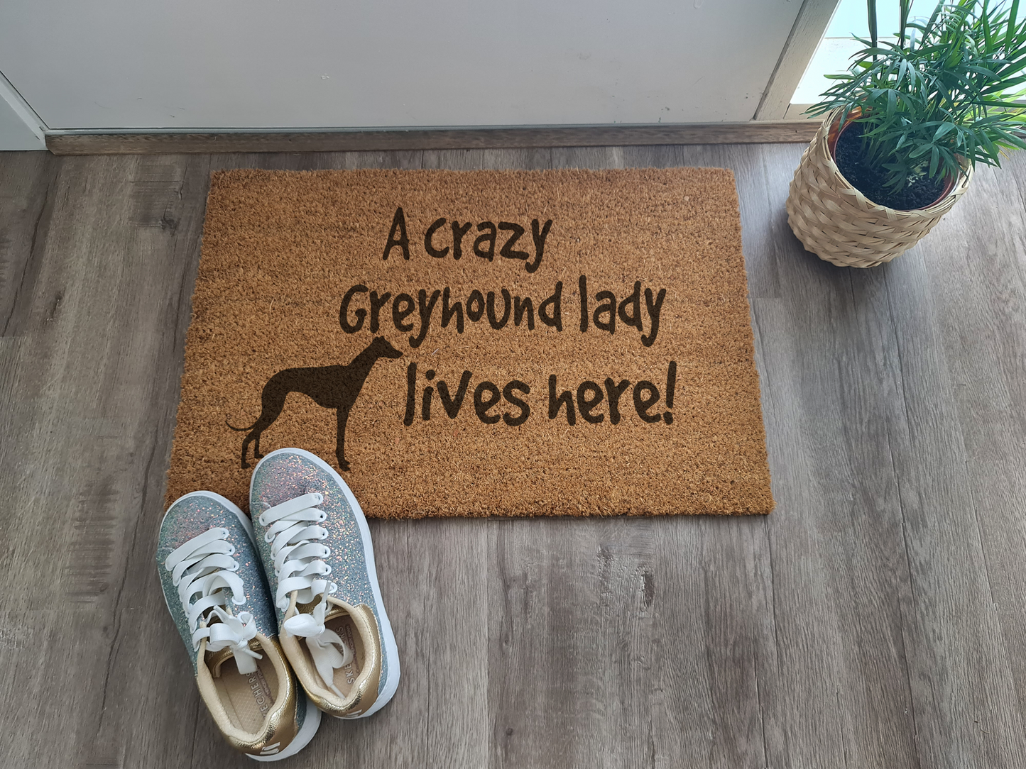 A CRAZY GREYHOUND LADY LIVES HERE! CUSTOM FUN DOOR MAT