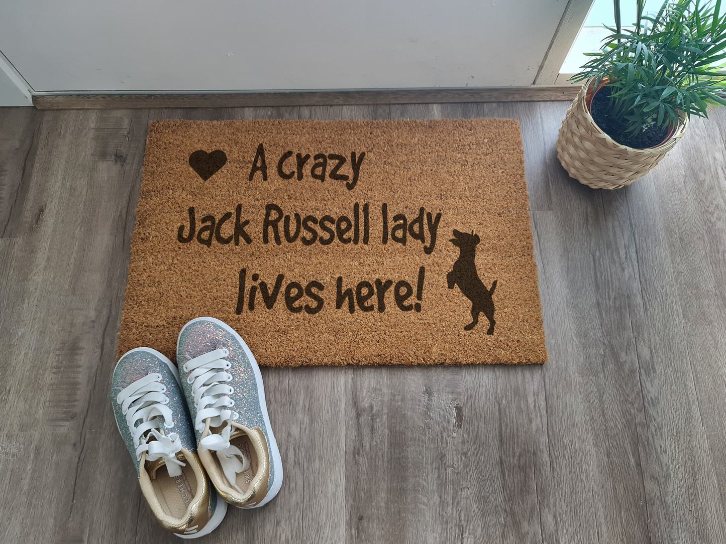 A CRAZY JACK RUSSELL LADY LIVES HERE CUSTOM DOOR MAT